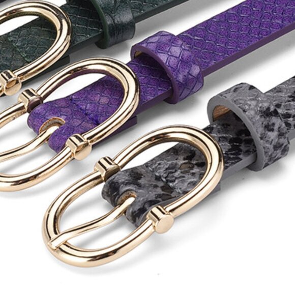 2/$30 Grey Snakeskin Thin PU Leather Belt Gold Buckle For Dress Pants Outfit - Picture 4 of 6